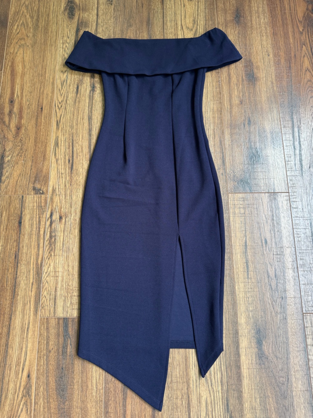 Hello Molly Off-Shoulder Asymmetrical Midi Dress in Navy